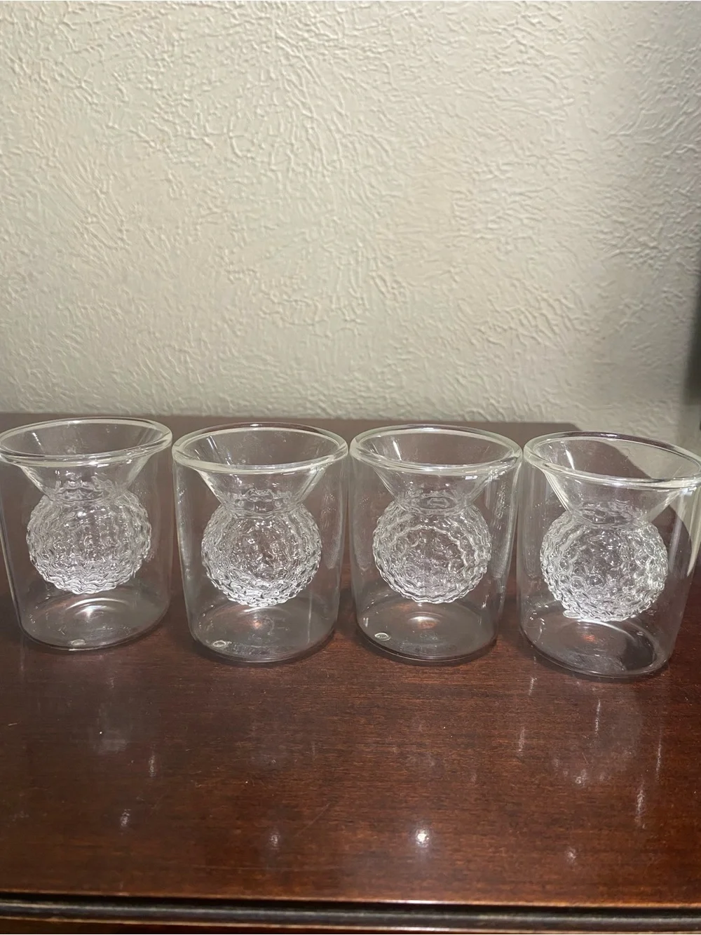 Set of 4, Double Walled Glass Shot Glasses, Hand Crafted 3 D Golf Ball Design